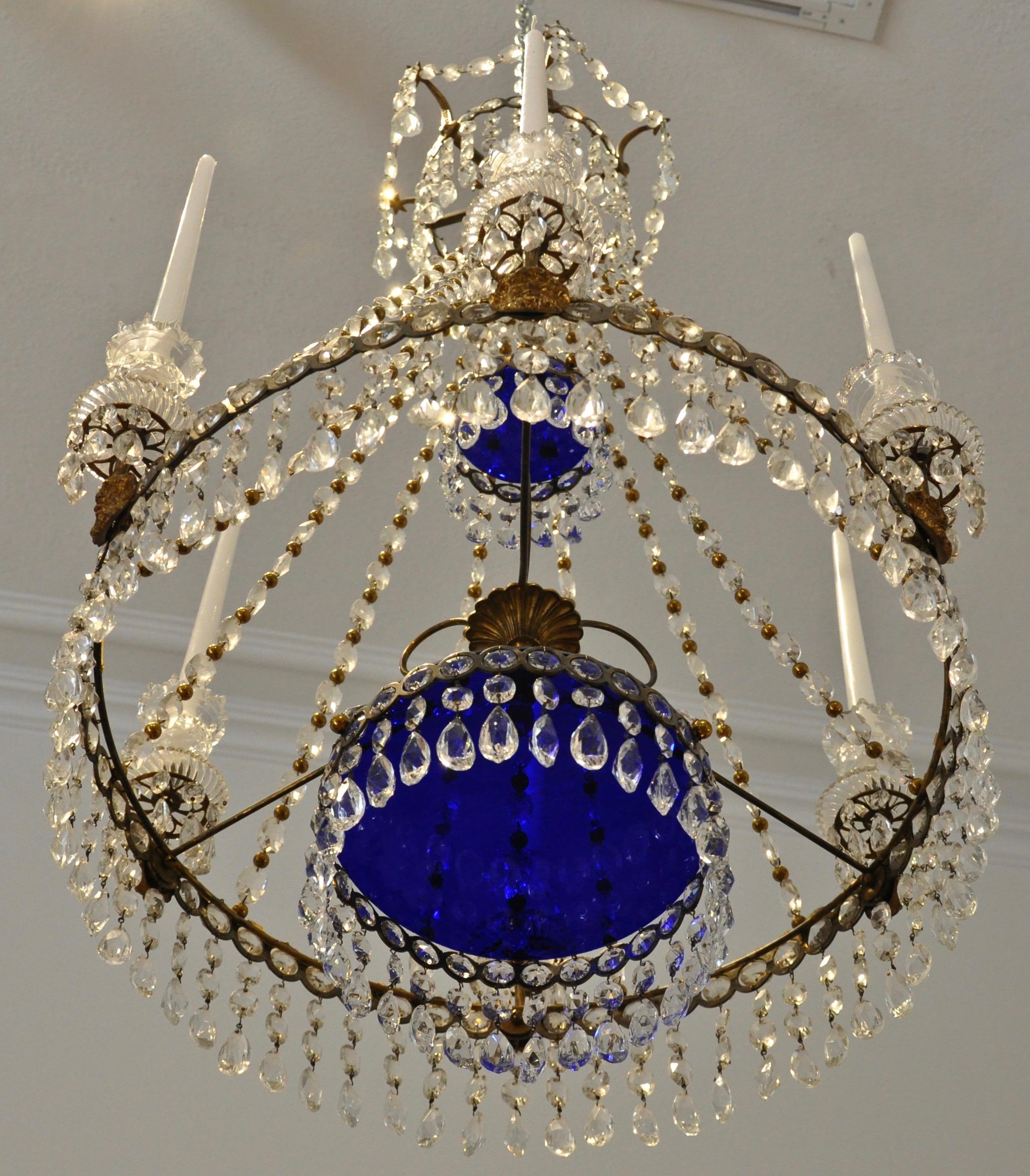 Gustavian 19th Century Baltic Neoclassical Chandelier with Cobalt Blue Glass Plates