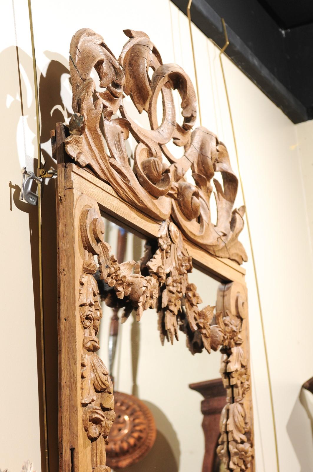 19th Century Baltic Region Oak Mirror with Pierced Crest and Scroll Design For Sale 6