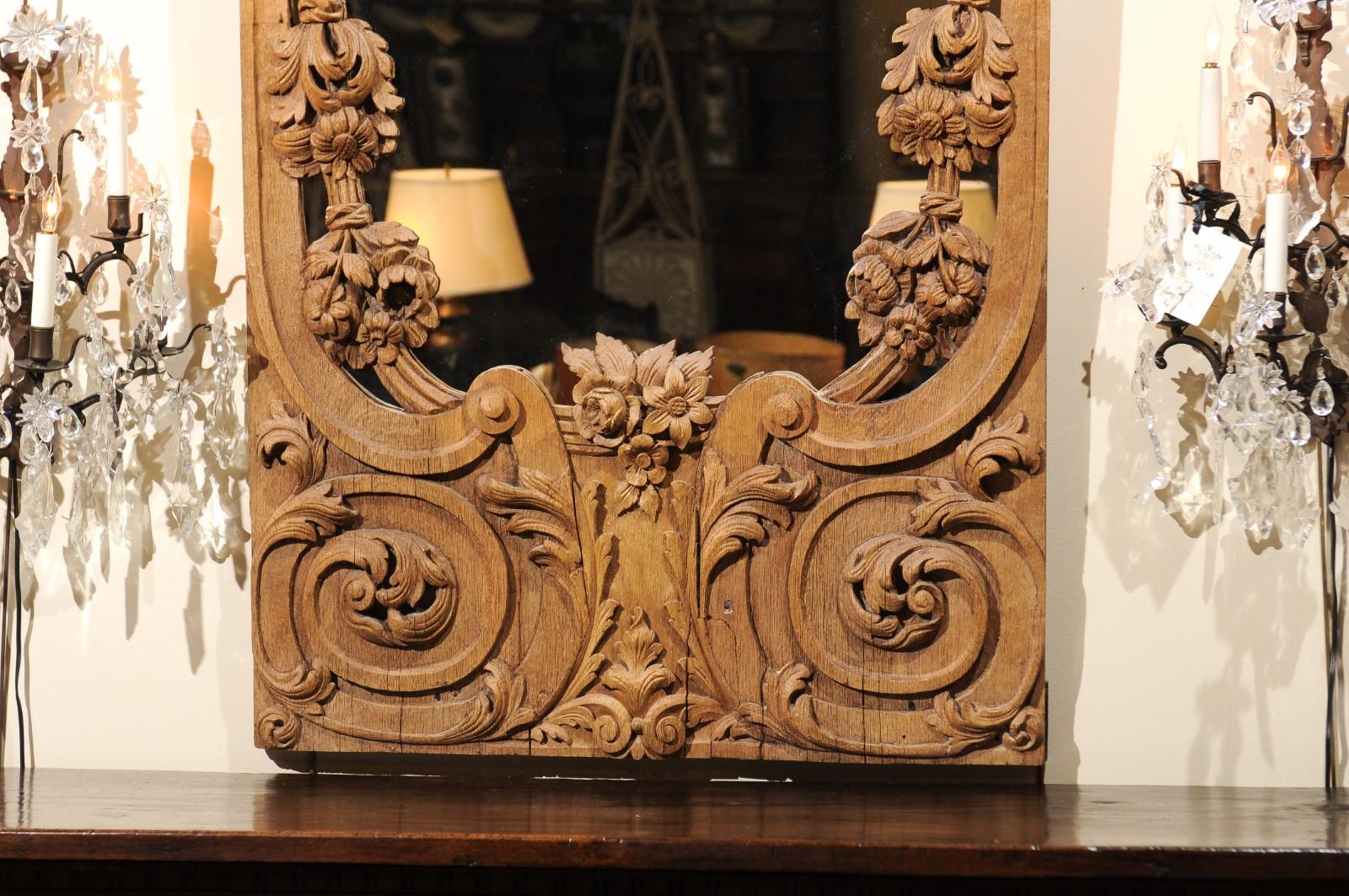 19th Century Baltic Region Oak Mirror with Pierced Crest and Scroll Design In Good Condition For Sale In Atlanta, GA