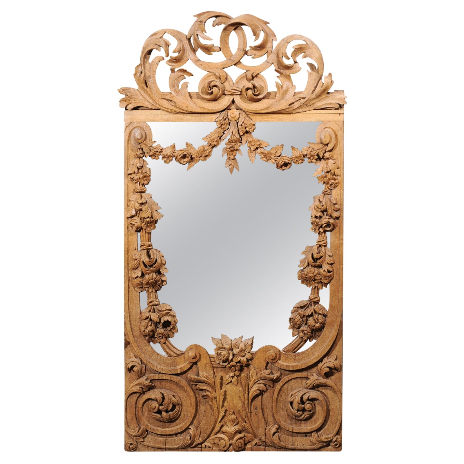 19th Century Baltic Region Oak Mirror with Pierced Crest and Scroll Design