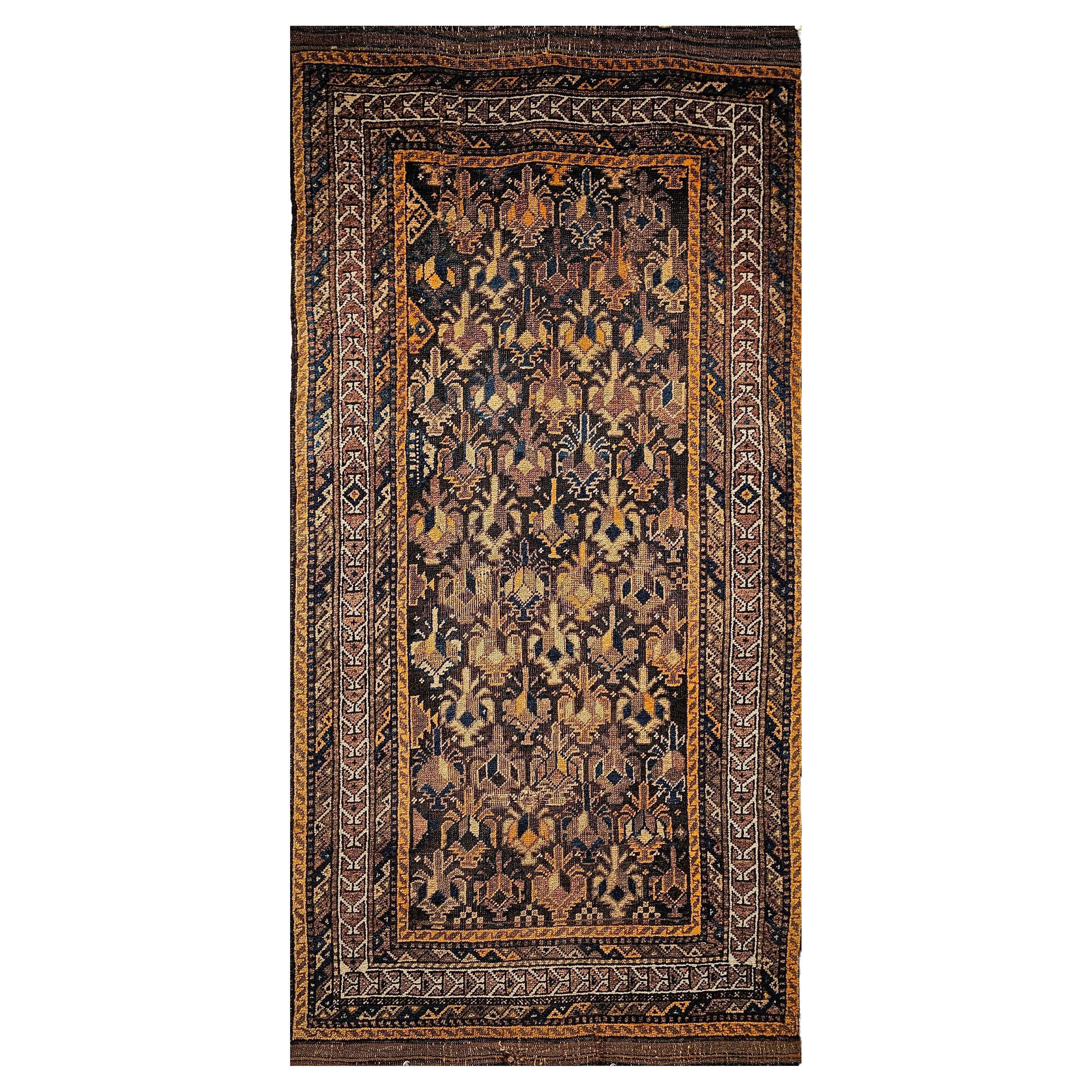 19th Century Baluch Tribal Area Rug in All Over Geometric Pattern in Brown, Tan
