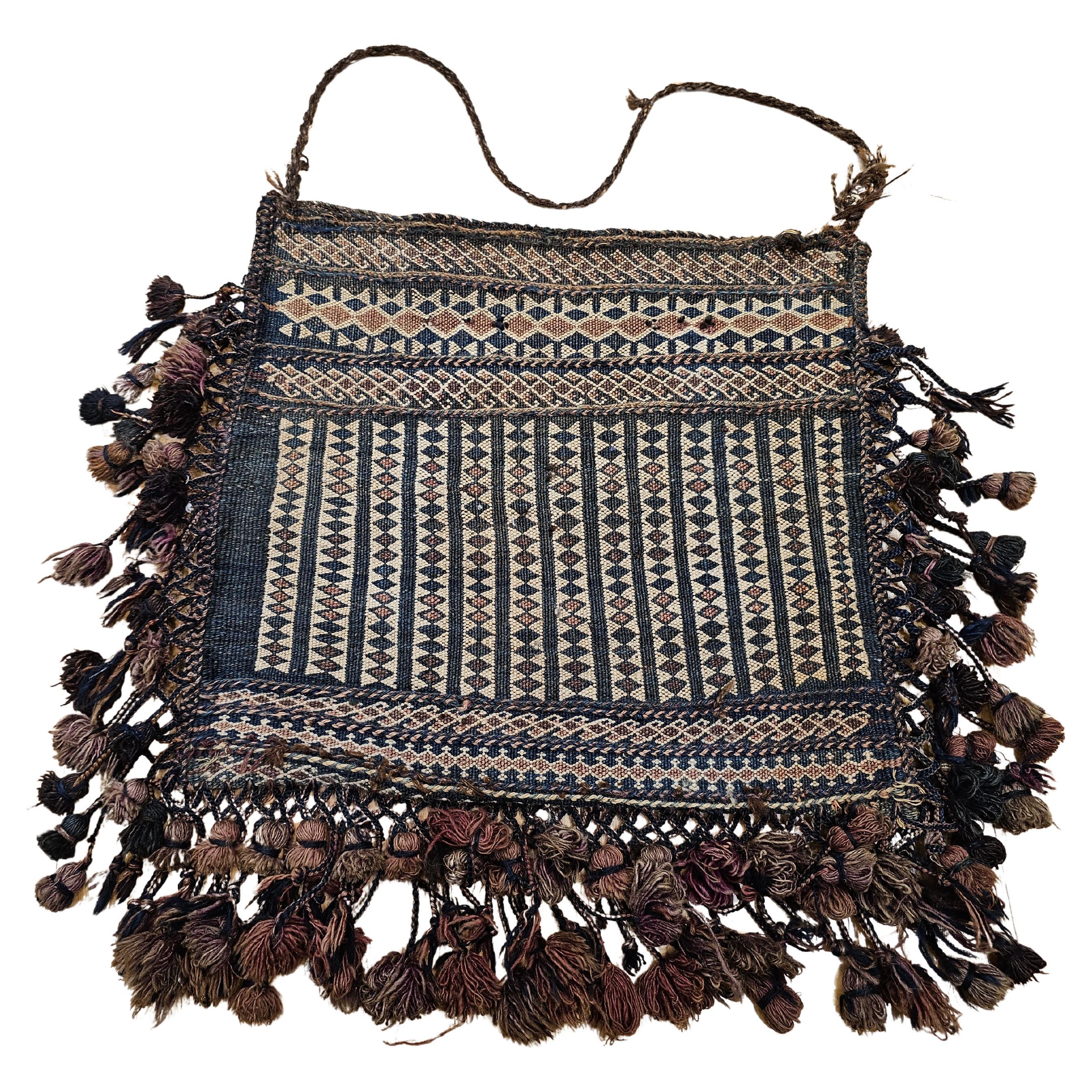 19th Century Baluch Tribal Bag in Ivory, Brown, Blue