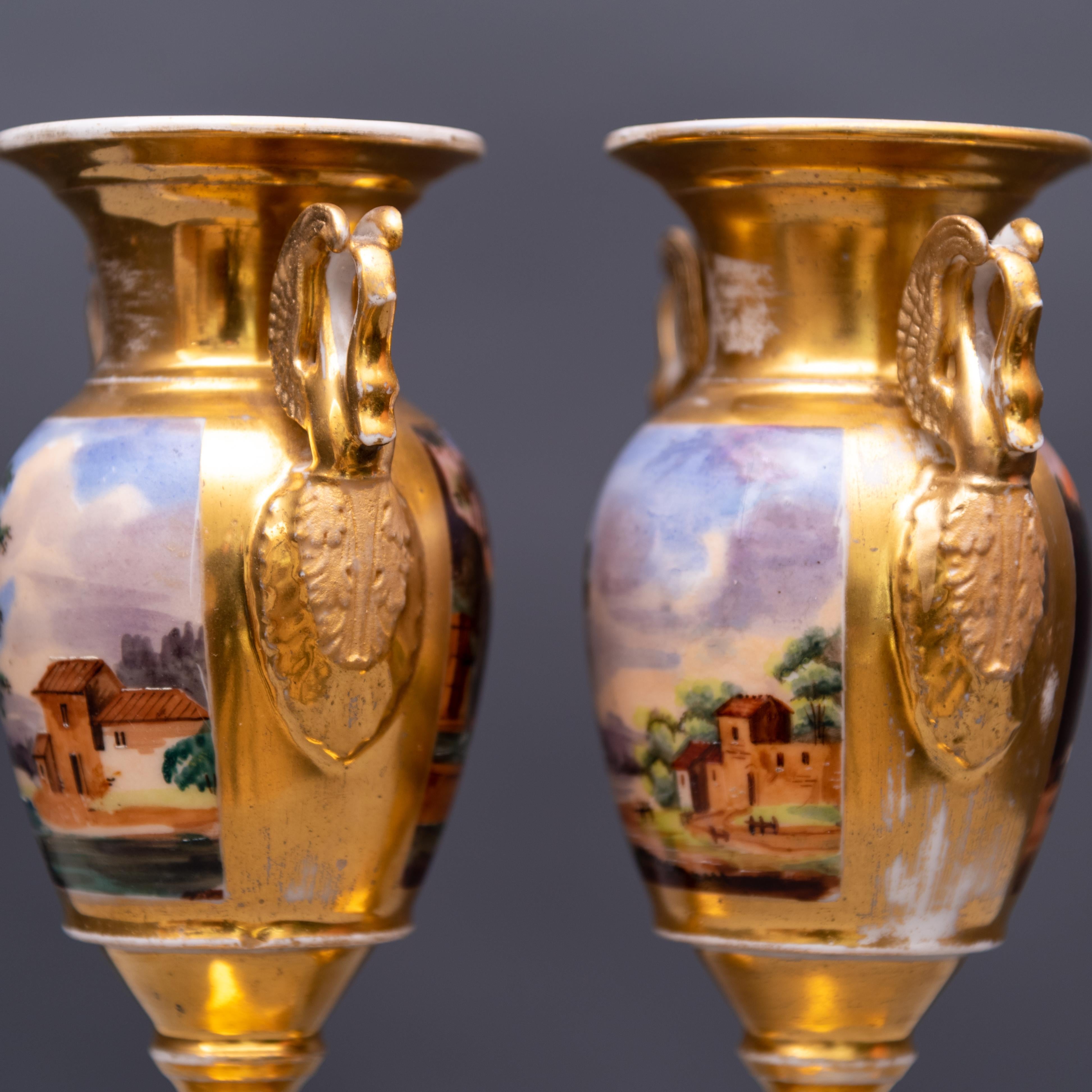 19th Century Baluster Shaped Hand Painted Porcelain Empire Pair of Vases 2