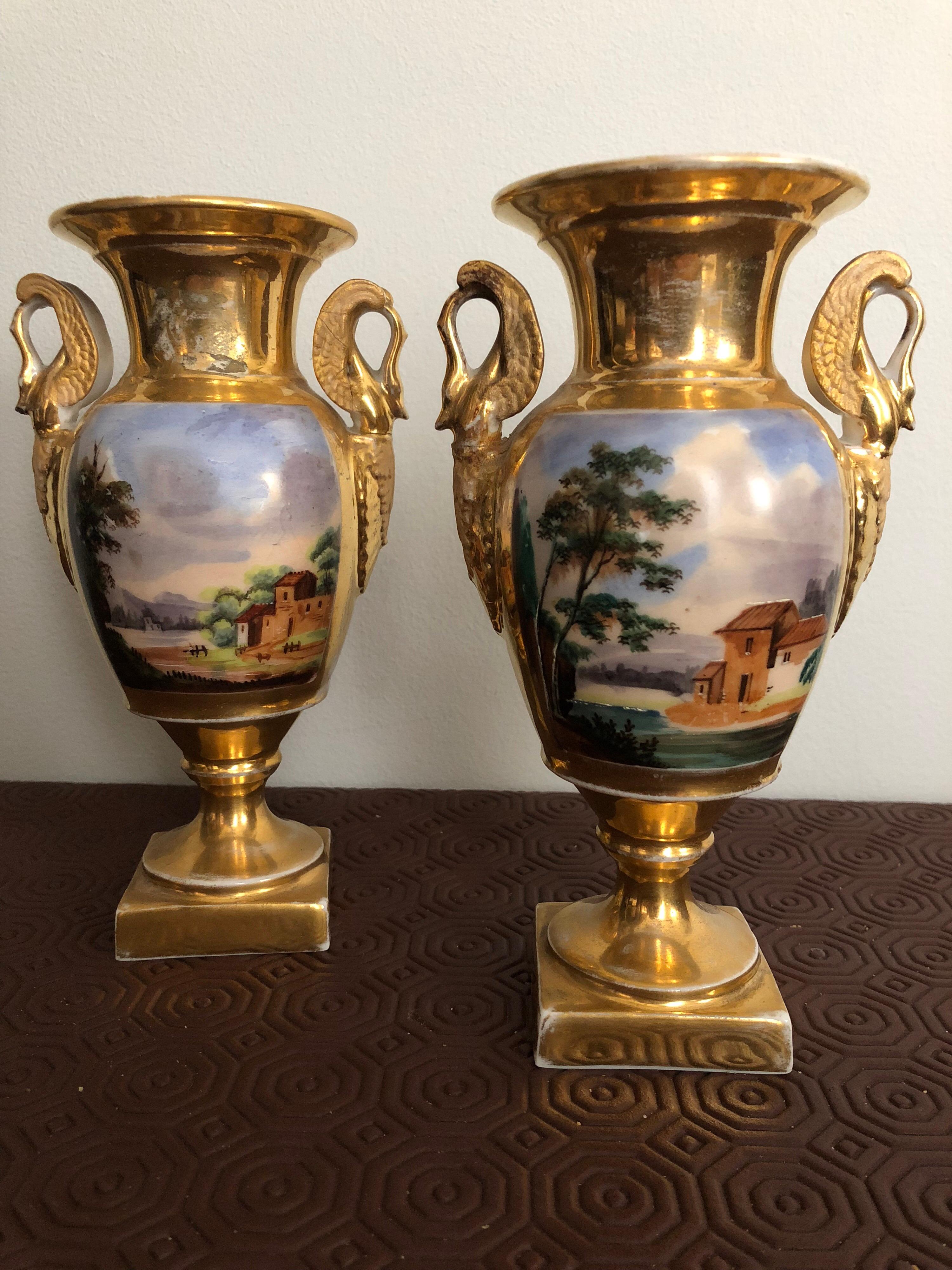 French 19th Century Baluster Shaped Hand Painted Porcelain Empire Pair of Vases