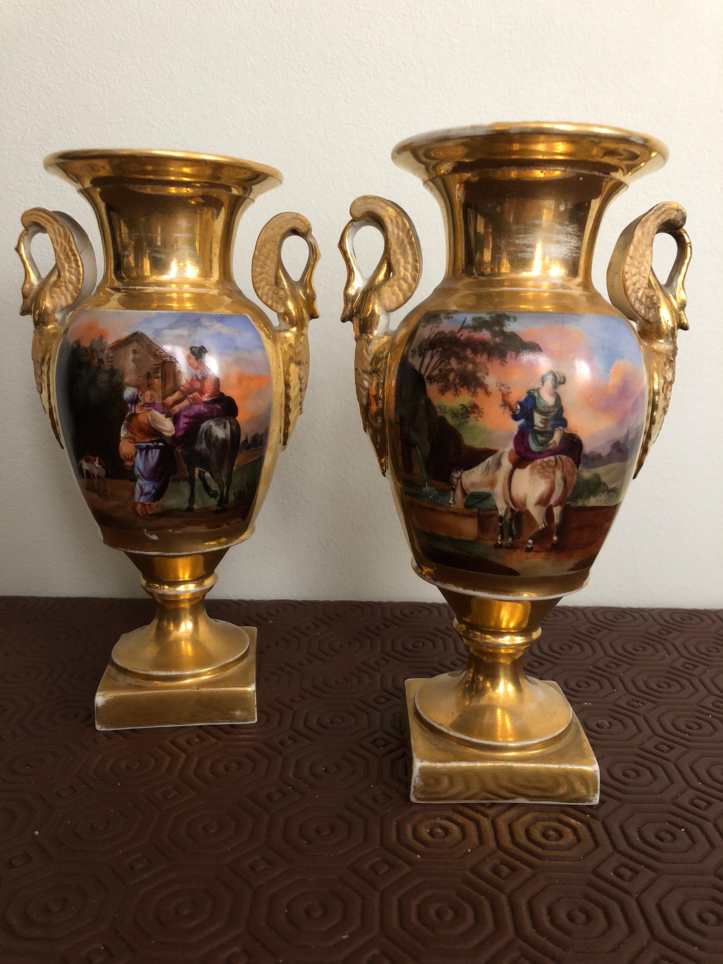 Hand-Painted 19th Century Baluster Shaped Hand Painted Porcelain Empire Pair of Vases