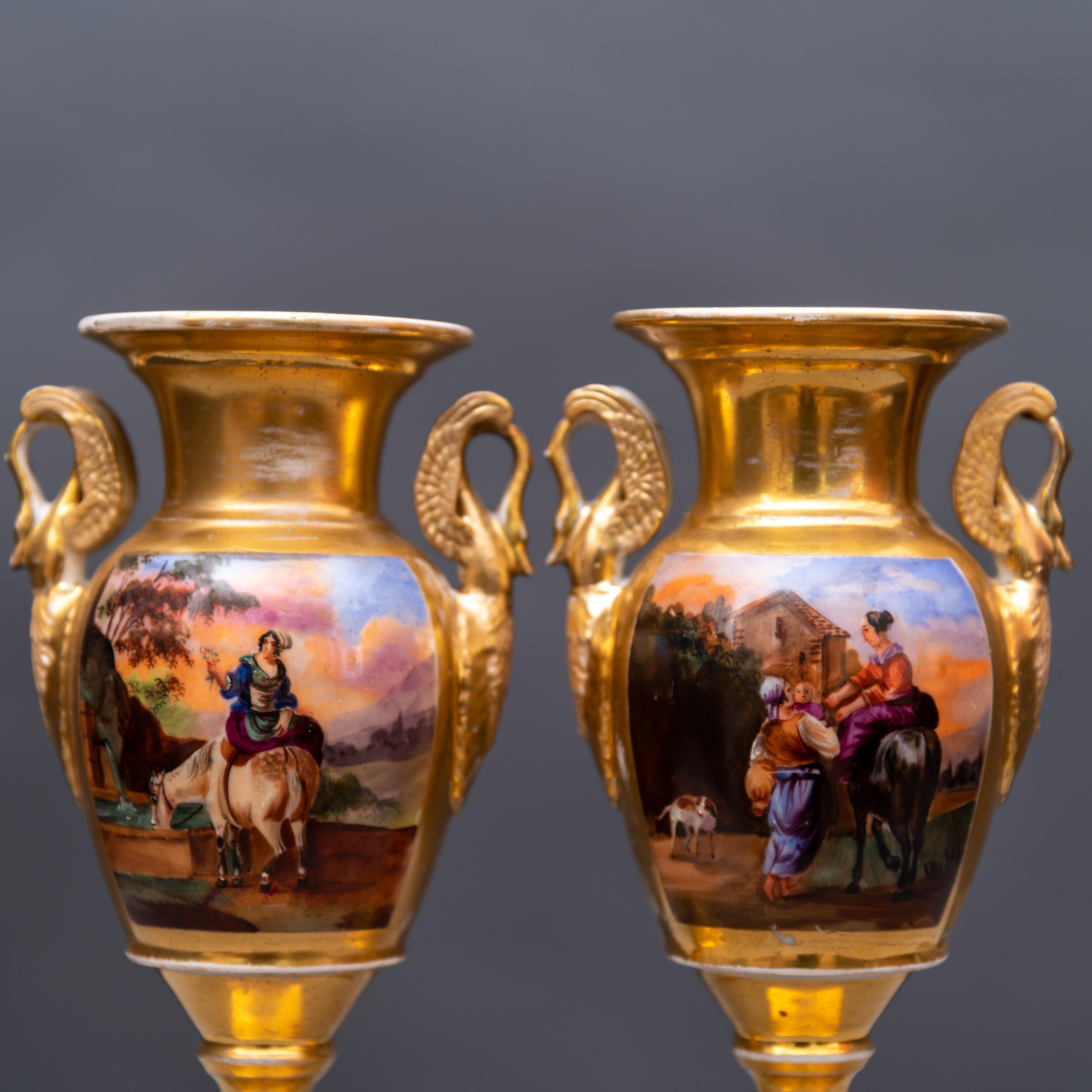 Mid-19th Century 19th Century Baluster Shaped Hand Painted Porcelain Empire Pair of Vases