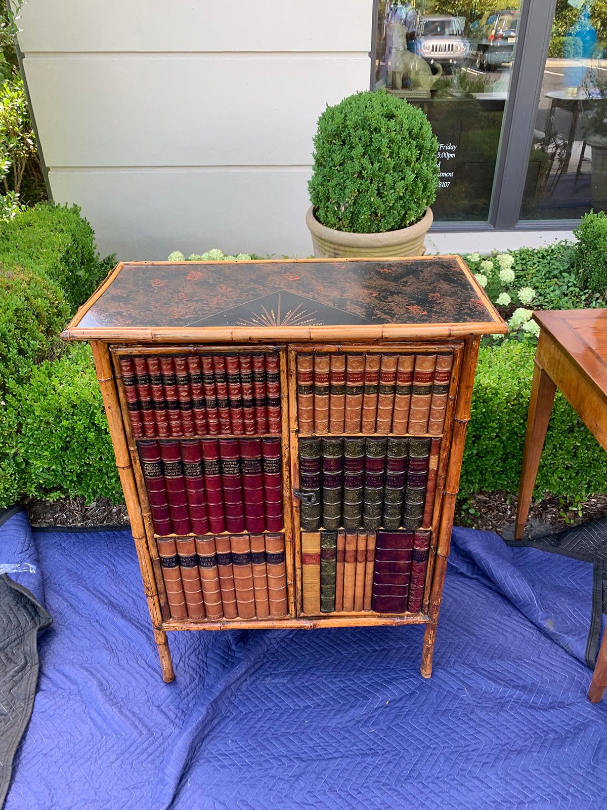 19th Century Bamboo Cabinet with Leather Book Spines as Doors 15