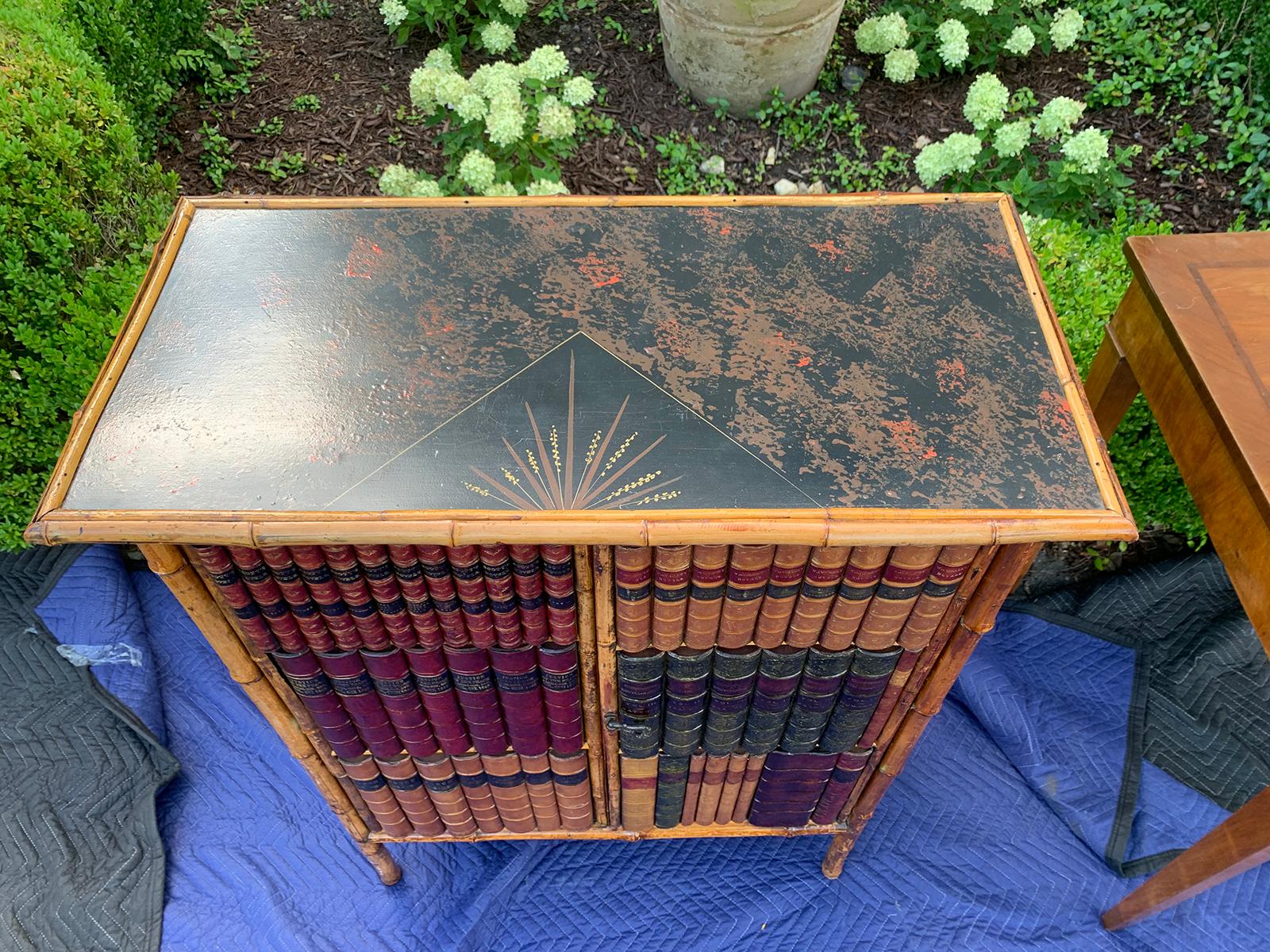 19th Century Bamboo Cabinet with Leather Book Spines as Doors 1