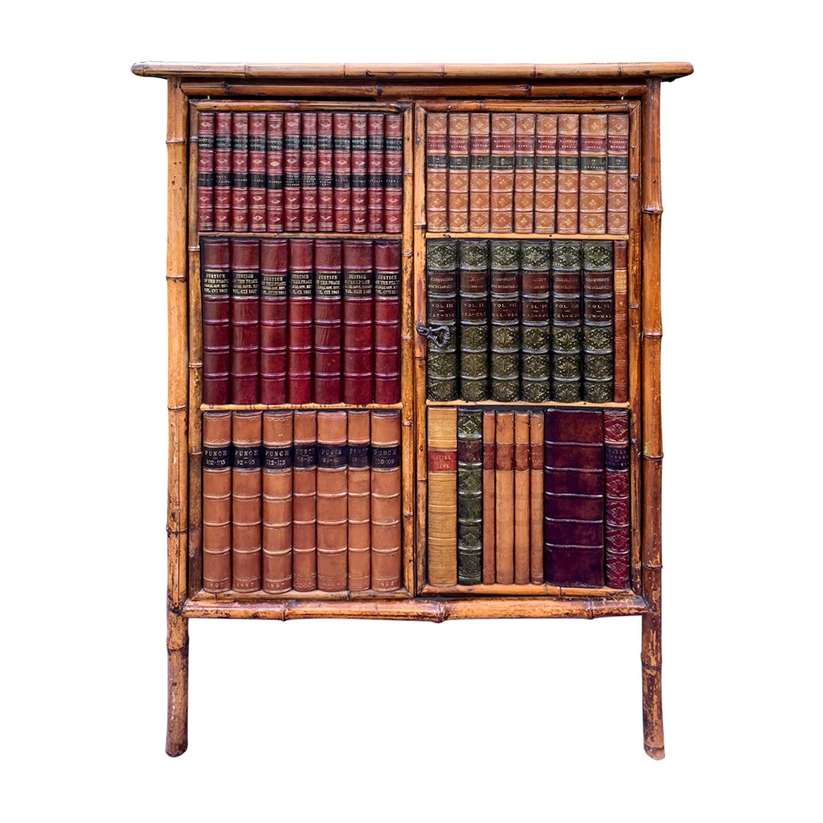19th Century Bamboo Cabinet with Leather Book Spines as Doors