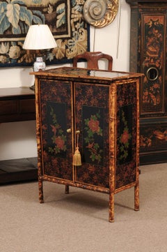 19th Century Bamboo & Lacquered 2 Door Cabinet with Floral Detail