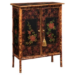 19th Century Bamboo & Lacquered 2 Door Cabinet with Floral Detail