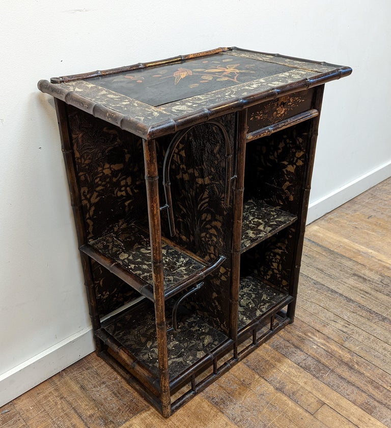 Embossed 19th Century Bamboo Lacquered Hall Table Shelf For Sale