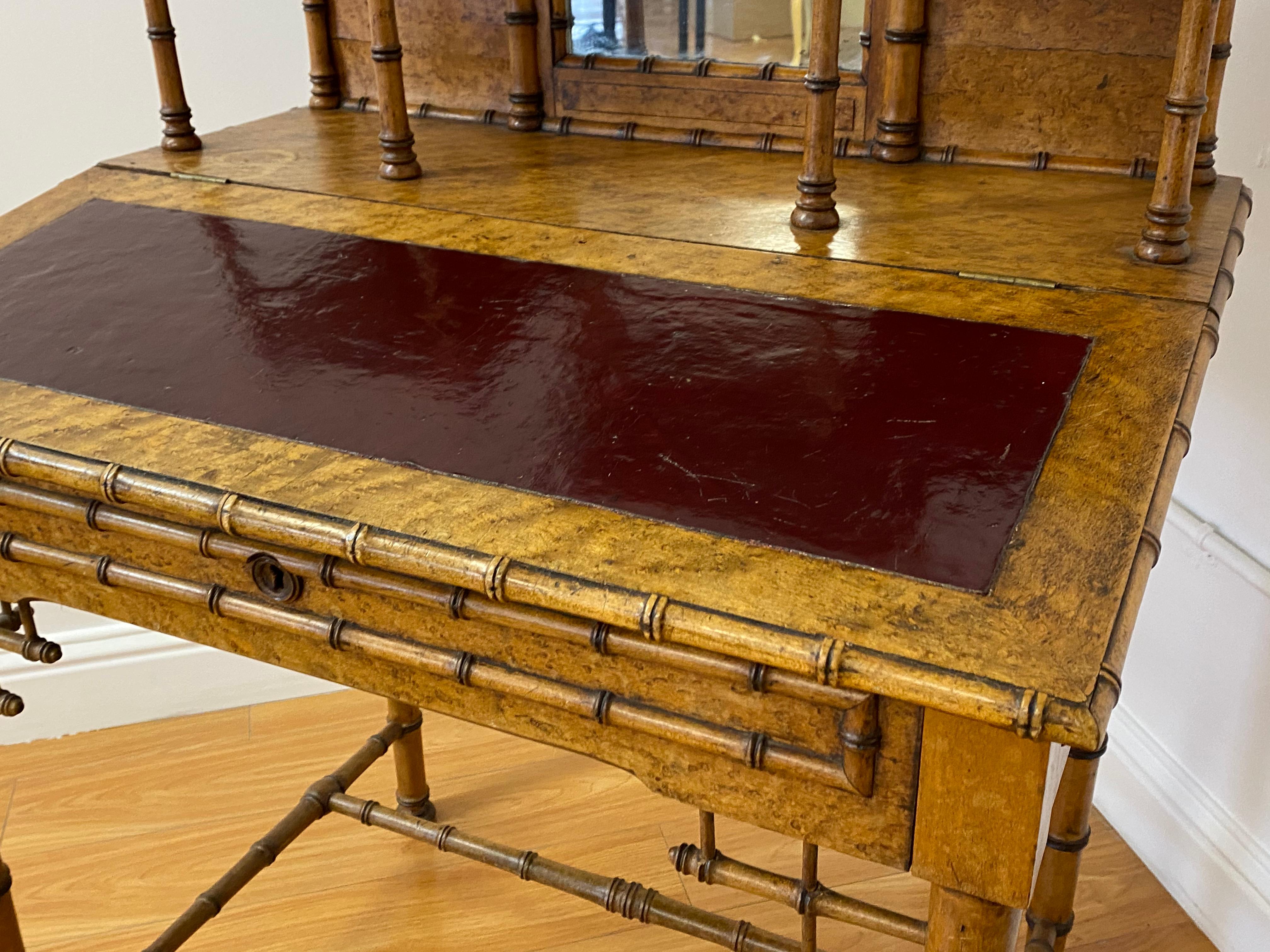 Hand-Crafted 19th Century Bamboo & Leather Lift Top Writing Desk