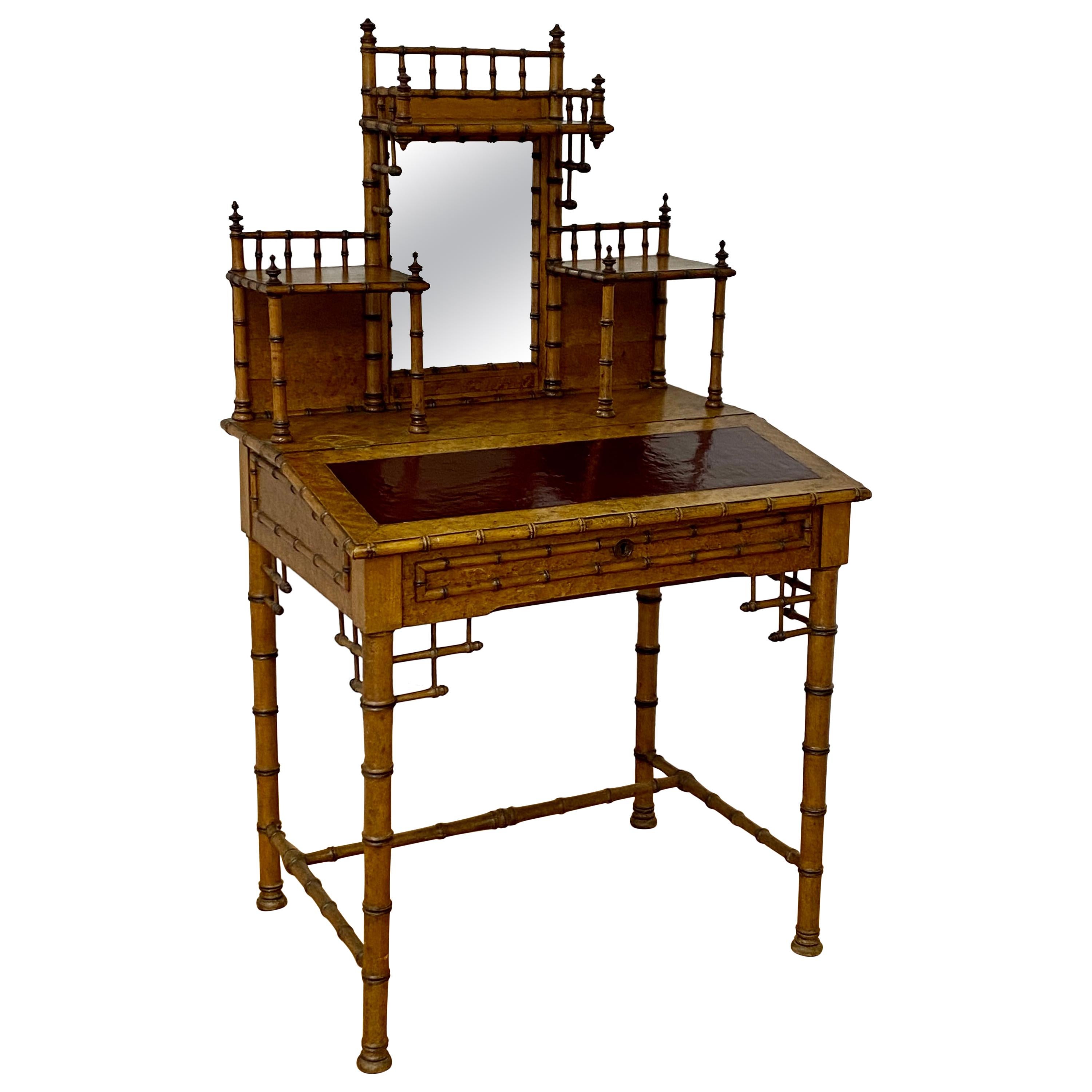 19th Century Bamboo & Leather Lift Top Writing Desk