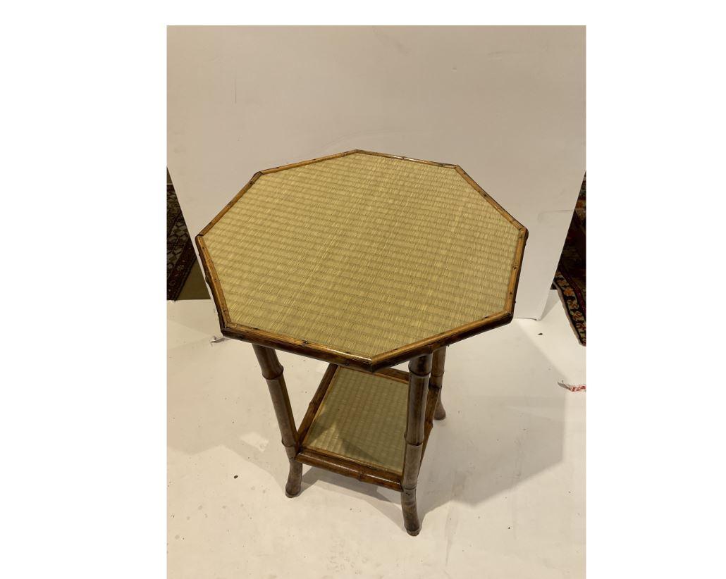 Here we have a beautiful 19th century accent table. The English bamboo has lovely natural designing that meshes will with multiple styles and colors. The octagon gives the top a unique look. This is a great transitional piece and would make a great