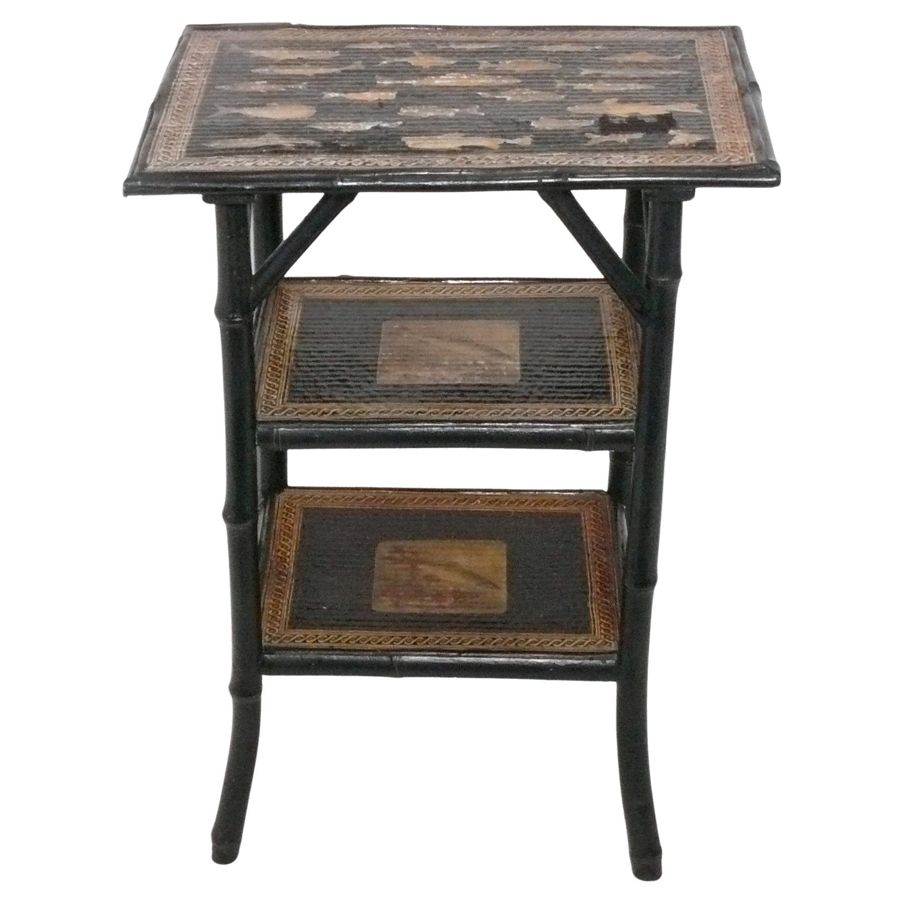 19th Century Bamboo Table with Découpage Fish Decoration
