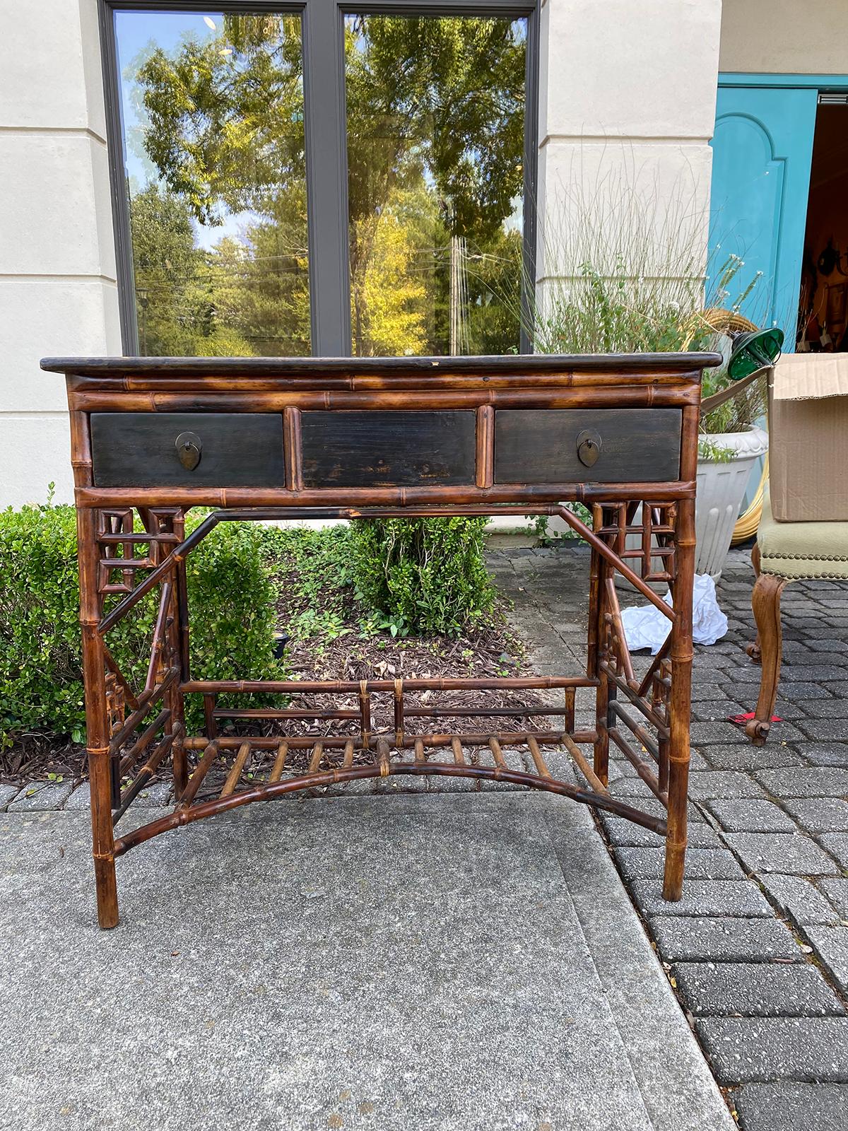 19th century bamboo writing desk / table, Apron dimensions: 23.25