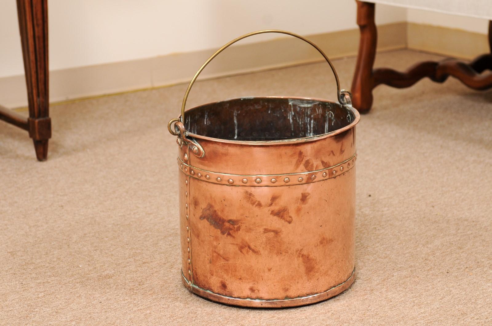  19th Century Banded Copper Bucket with Brass Handle For Sale 1