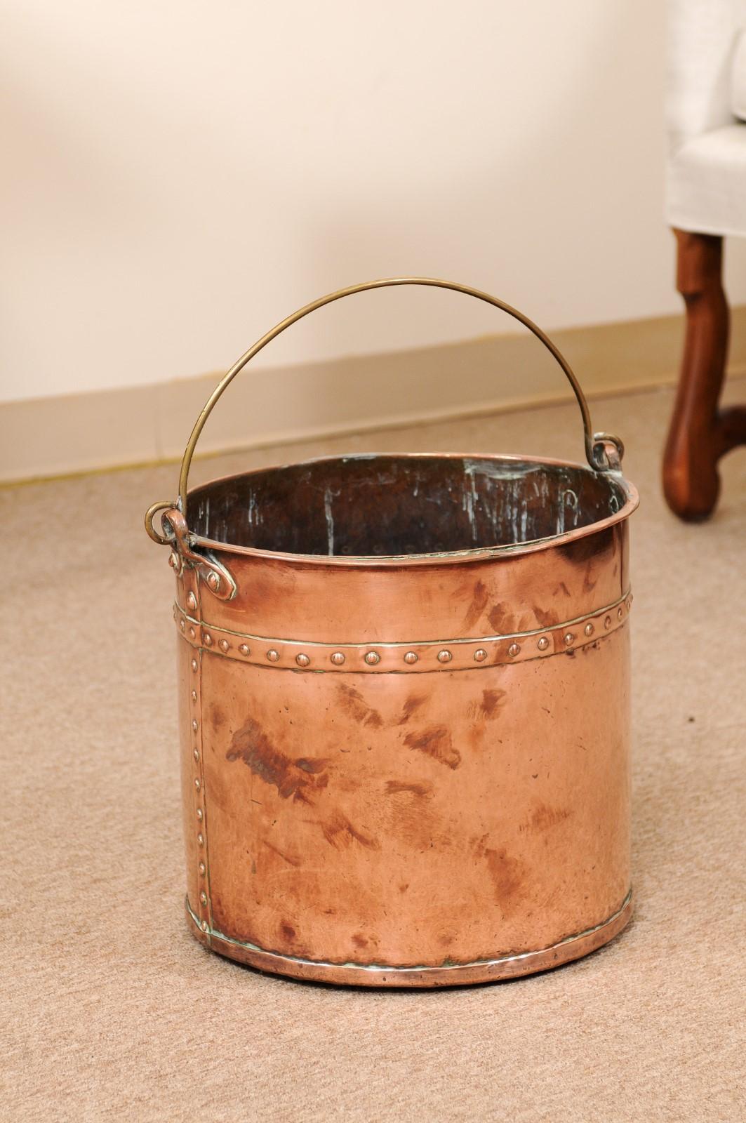 19th Century Banded Copper Bucket with Brass Handle For Sale 2