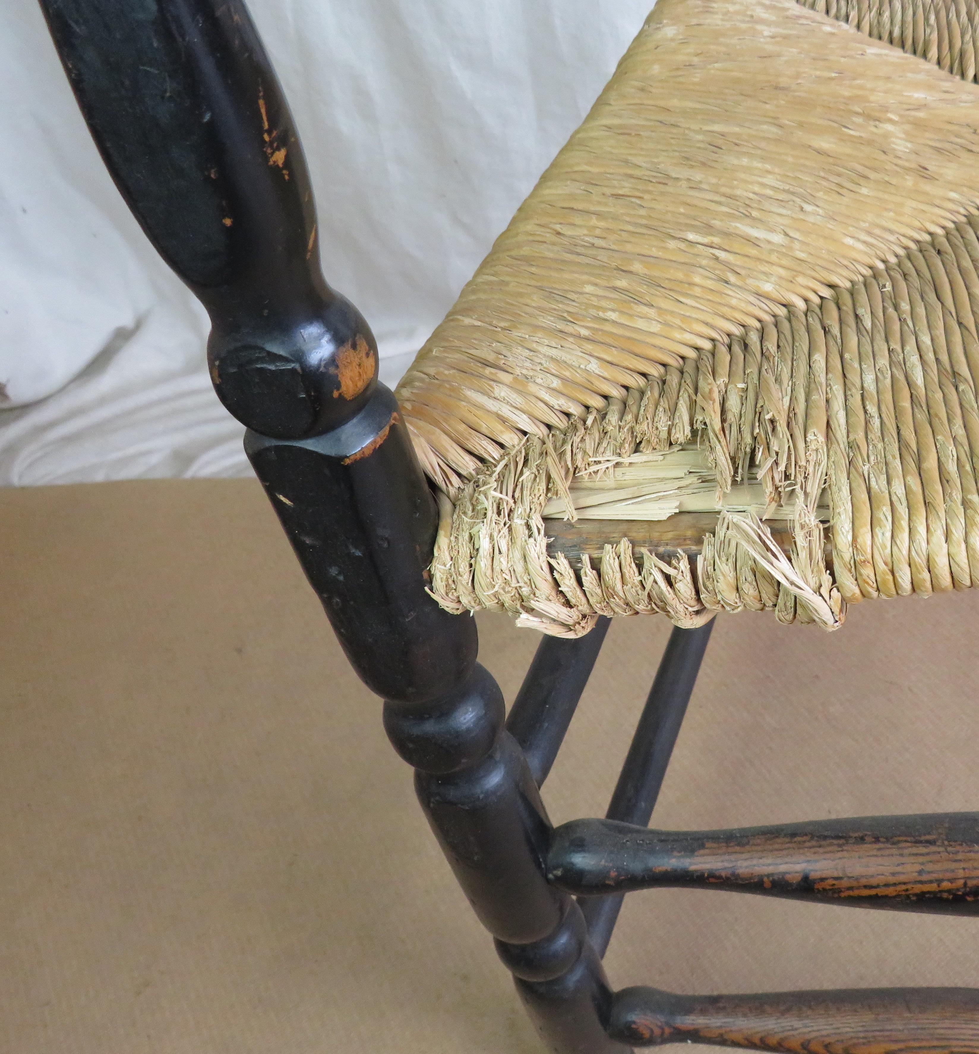 19th Century Bannister Back Armchair with Rush Seat In Fair Condition In Nantucket, MA