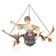 19th Century Bar Maiden Antler Hanging Chandelier