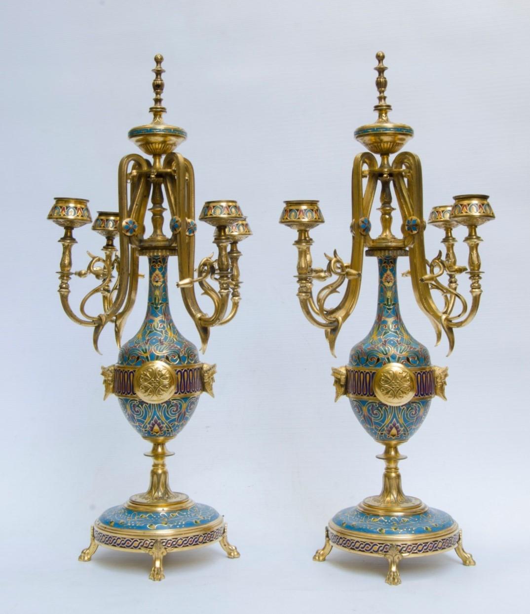 19th Century Barbedienne French Champleve Enamel and Gilt bronze clock set For Sale 5