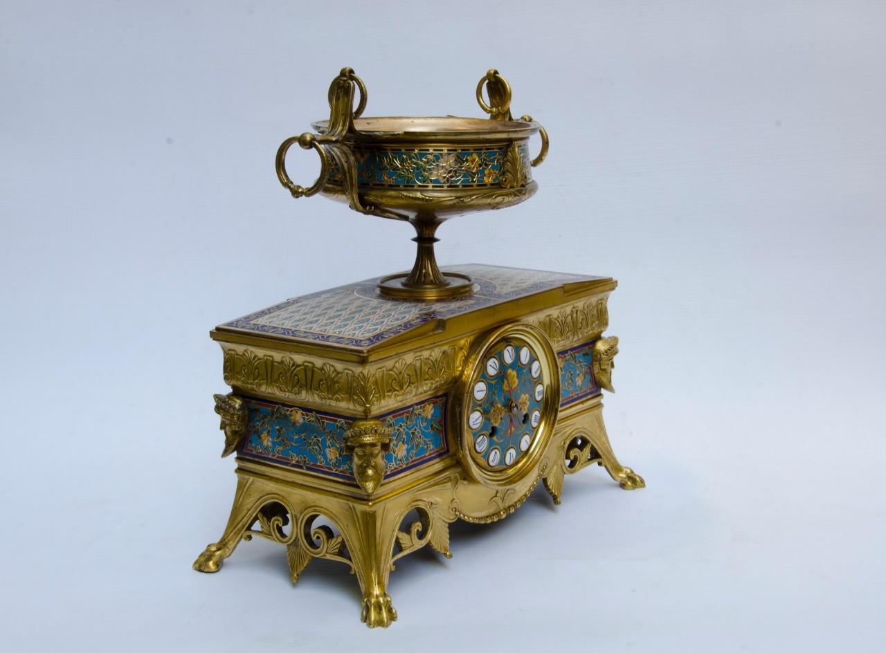 Napoleon III 19th Century Barbedienne French Champleve Enamel and Gilt bronze clock set For Sale