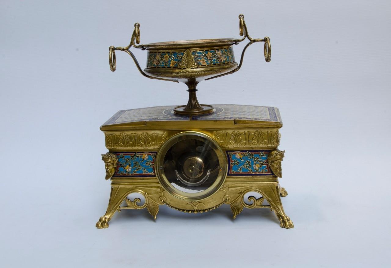 Bronzed 19th Century Barbedienne French Champleve Enamel and Gilt bronze clock set For Sale