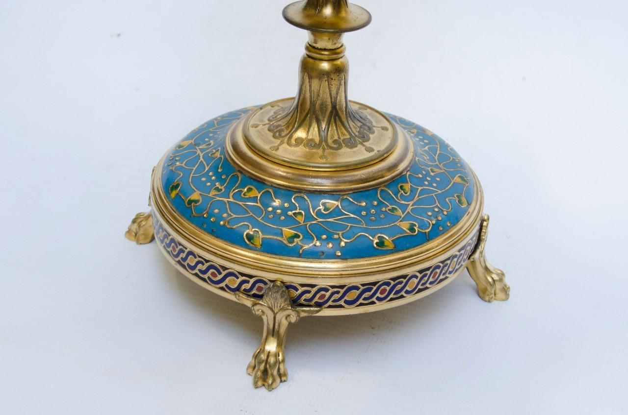 19th Century Barbedienne French Champleve Enamel and Gilt bronze clock set For Sale 3
