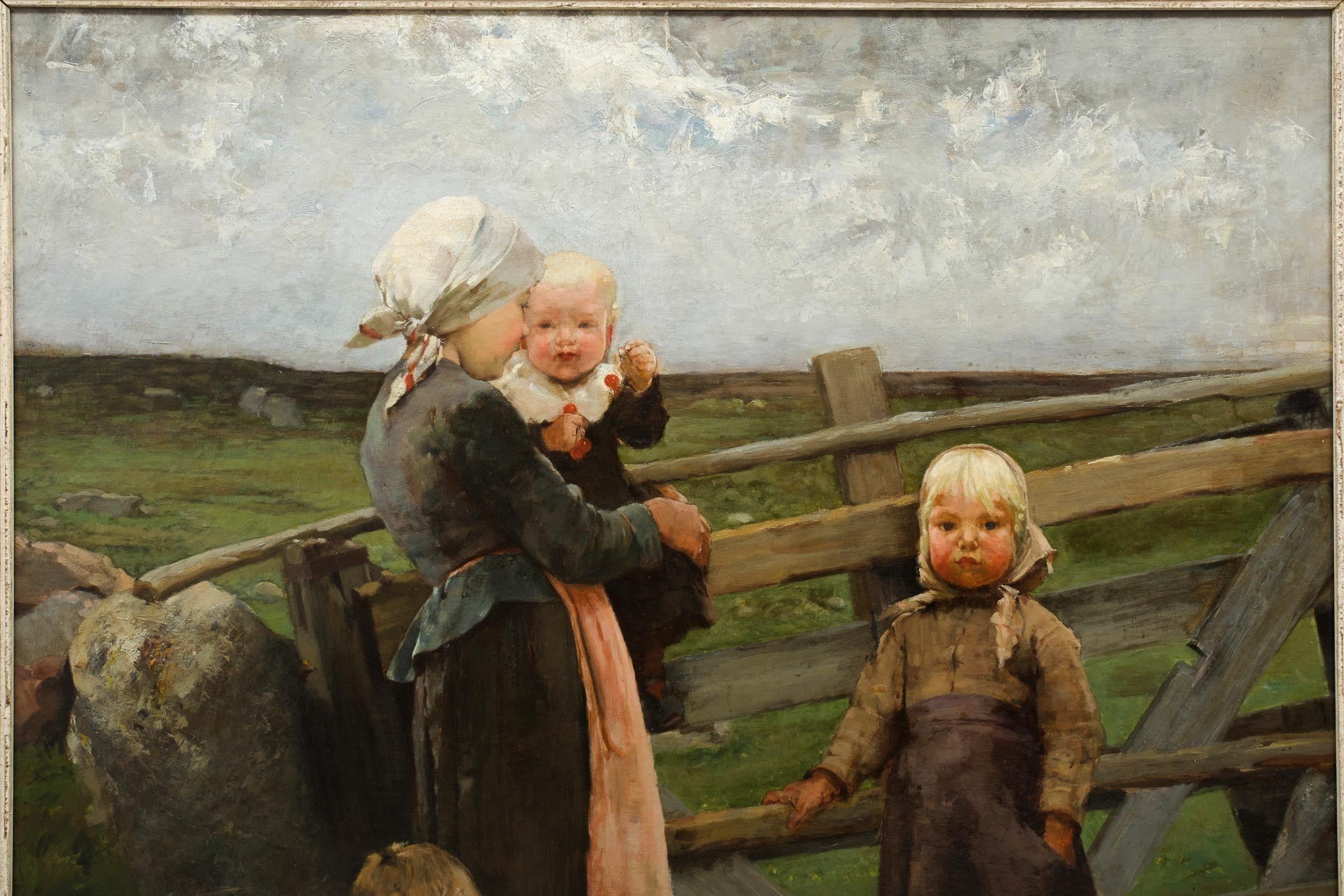 Canvas 19th Century Barbizon School Painting of Mother and Children