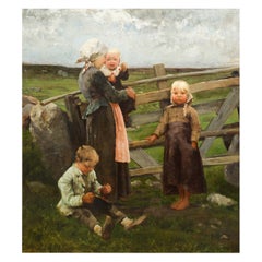 19th Century Barbizon School Painting of Mother and Children
