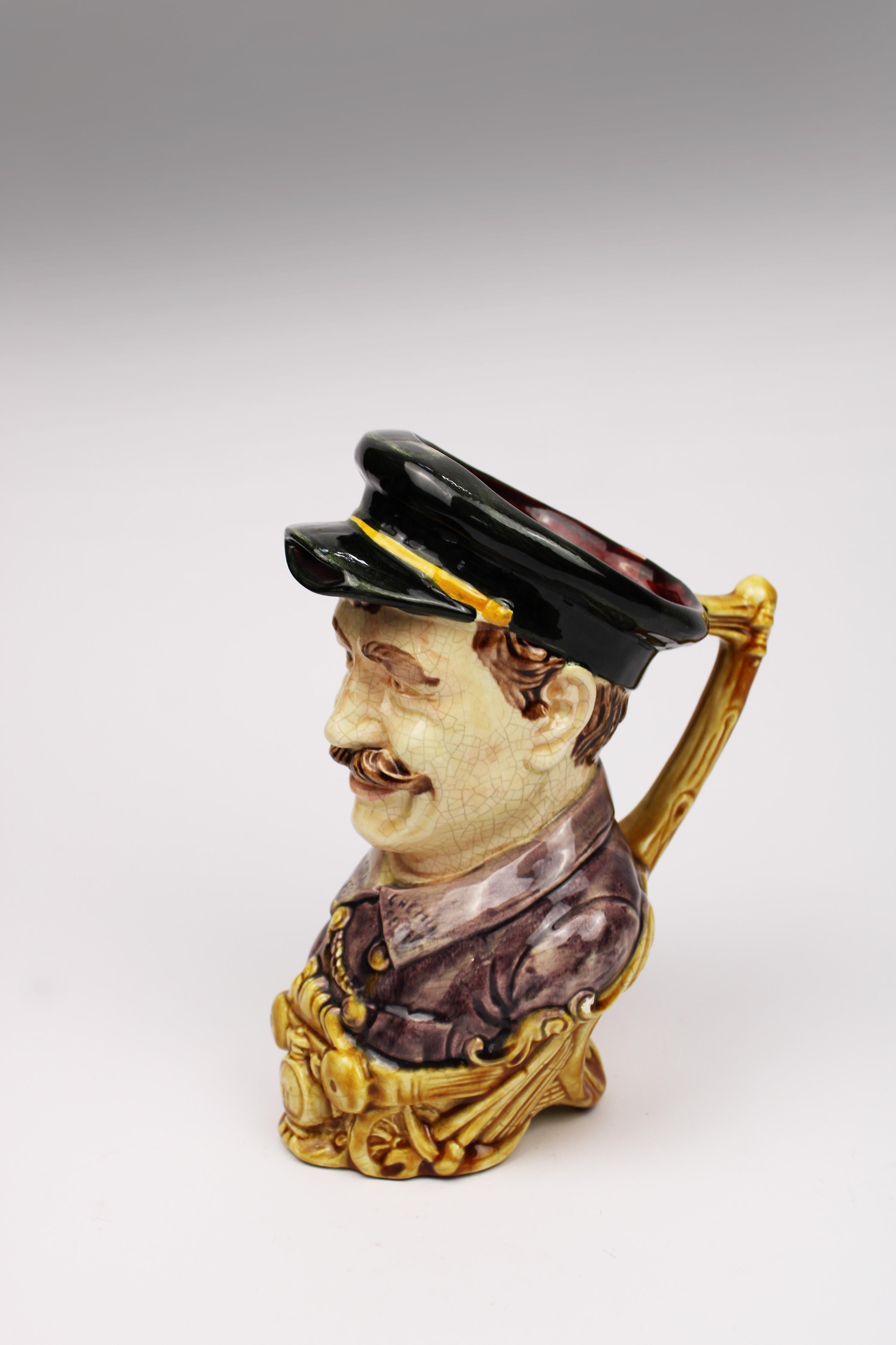 Fait main 19ème siècle Barbotine Majolica Water Pitcher Chef de Gare by Onnaing France en vente