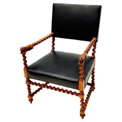 19th Century Barely Twist Butternut Arm Chair with Carved Lions Heads