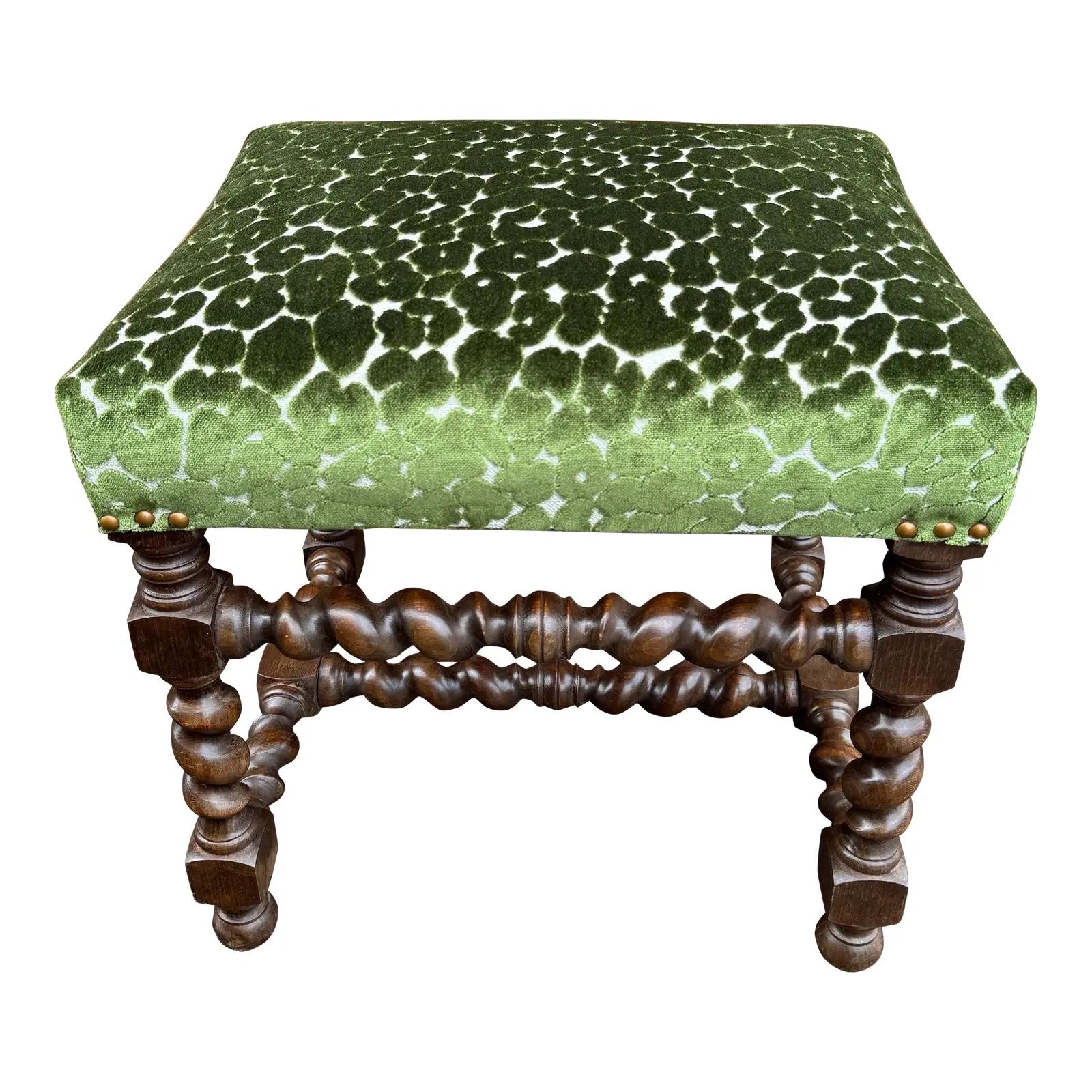 Antique Barley-Twist Leg Bench With New Upholstery For Sale 2