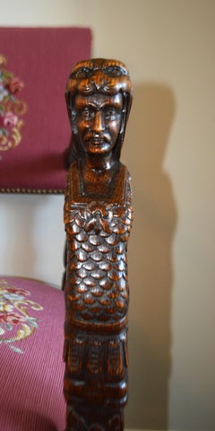 19th century Barley Twist Oak armchair with Marine Figural,  pink needle point