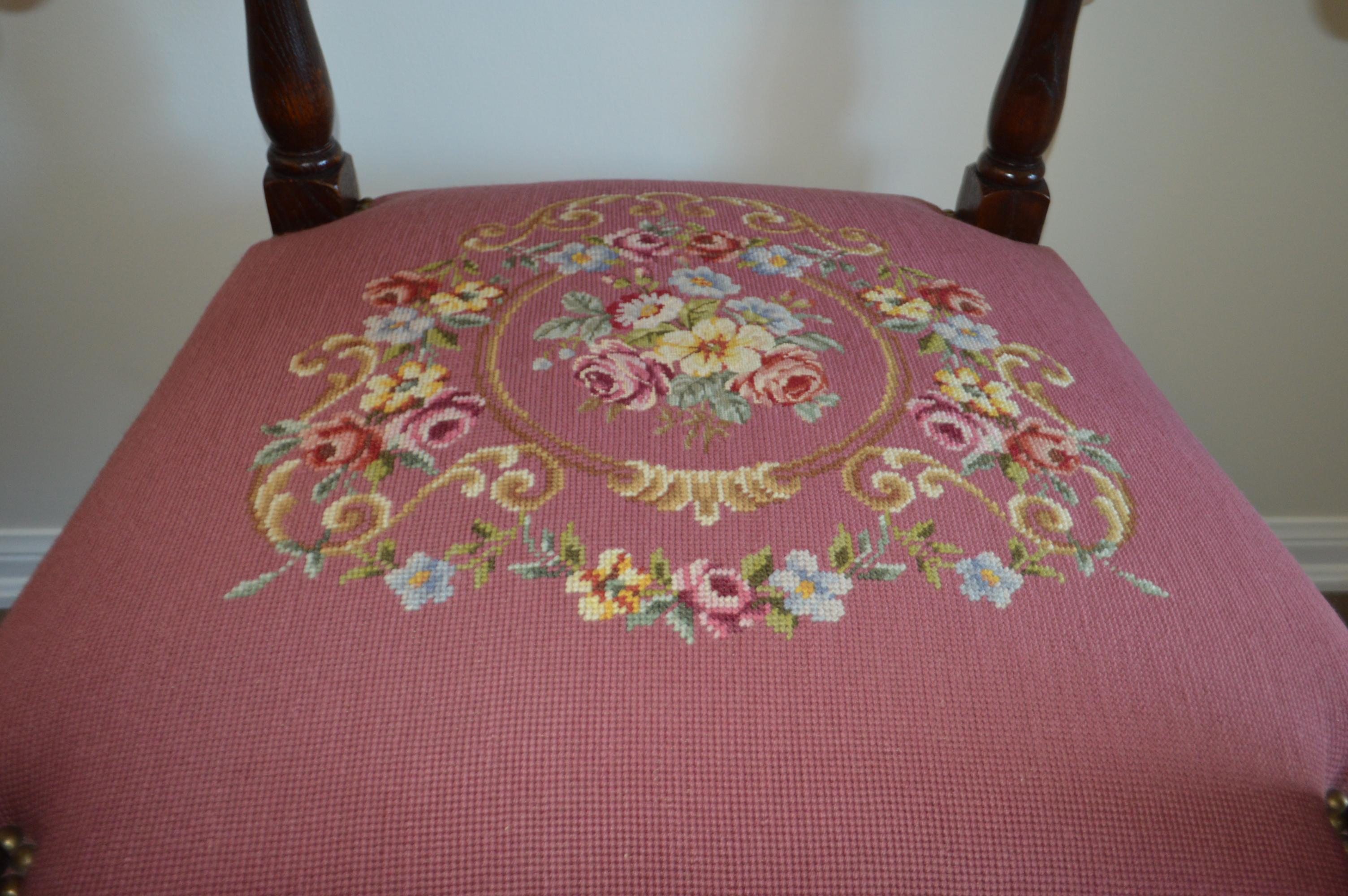 Turned 19th century Barley Twist Oak armchair with Marine Figural,  pink needle point For Sale