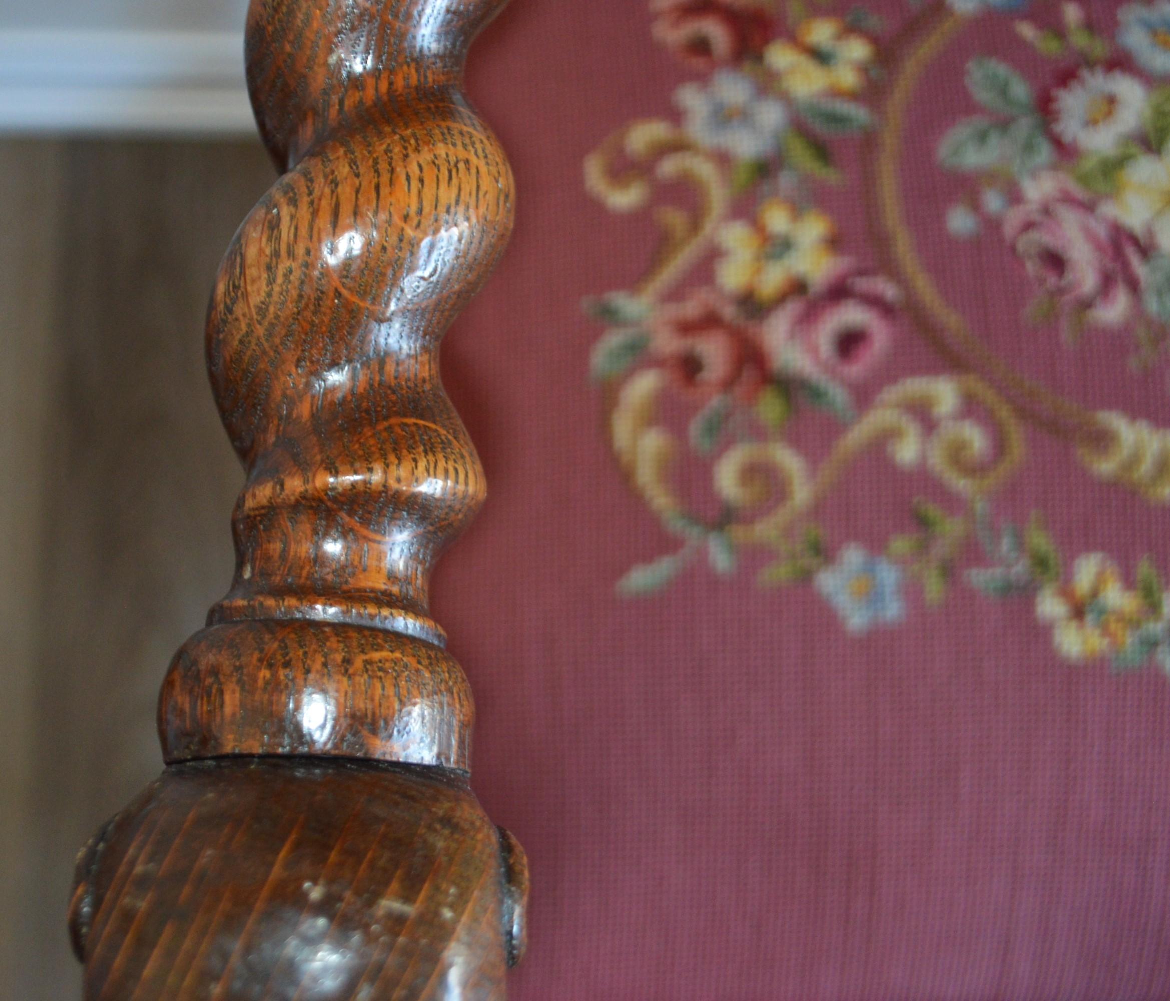 19th Century 19th century Barley Twist Oak armchair with Marine Figural,  pink needle point For Sale