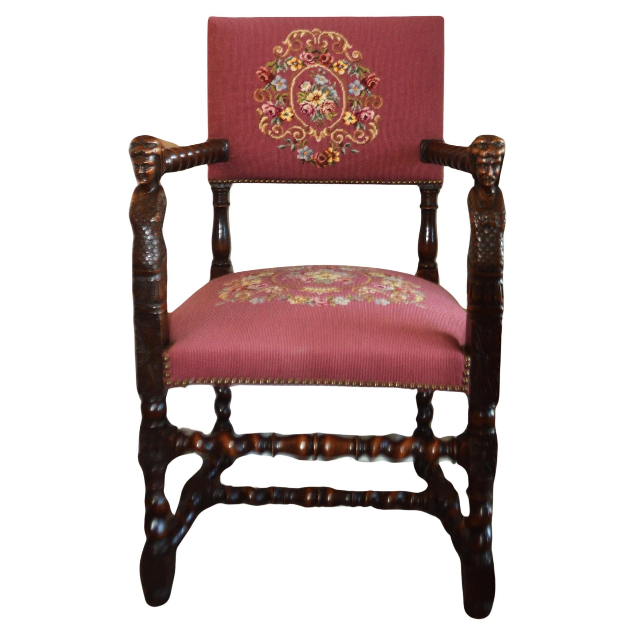19th century Barley Twist Oak armchair with Marine Figural,  pink needle point For Sale