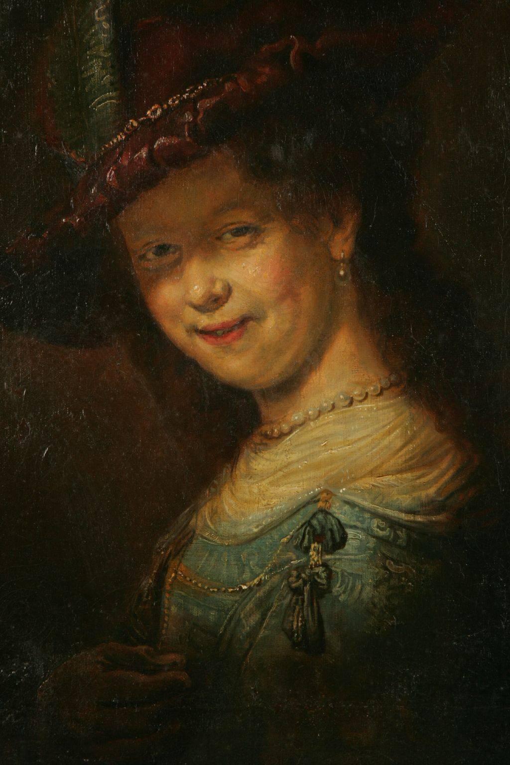 Saskia smiling with feather bar (circa 1633).
Oil on canvas. Exceptionally beautiful copy after Rembrandt, back titled - copy after No. 1556, the royal painting gallery to Dresden 1910. Portrait of Saskia van Uiljlenburgh as a young