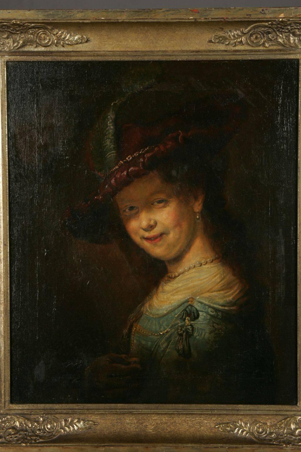 Saskia Smiling mit Federbar, Ölgemälde im Barockstil, 19. Jahrhundert (Deutsch) im Angebot