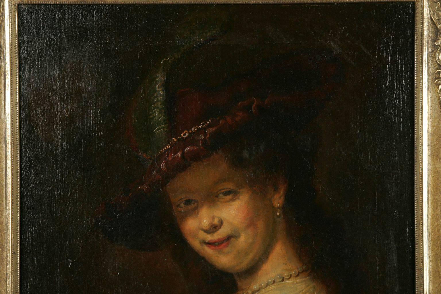 Hand-Painted 19th Century Barock Style Oil Painting Saskia Smiling with Feather Bar For Sale