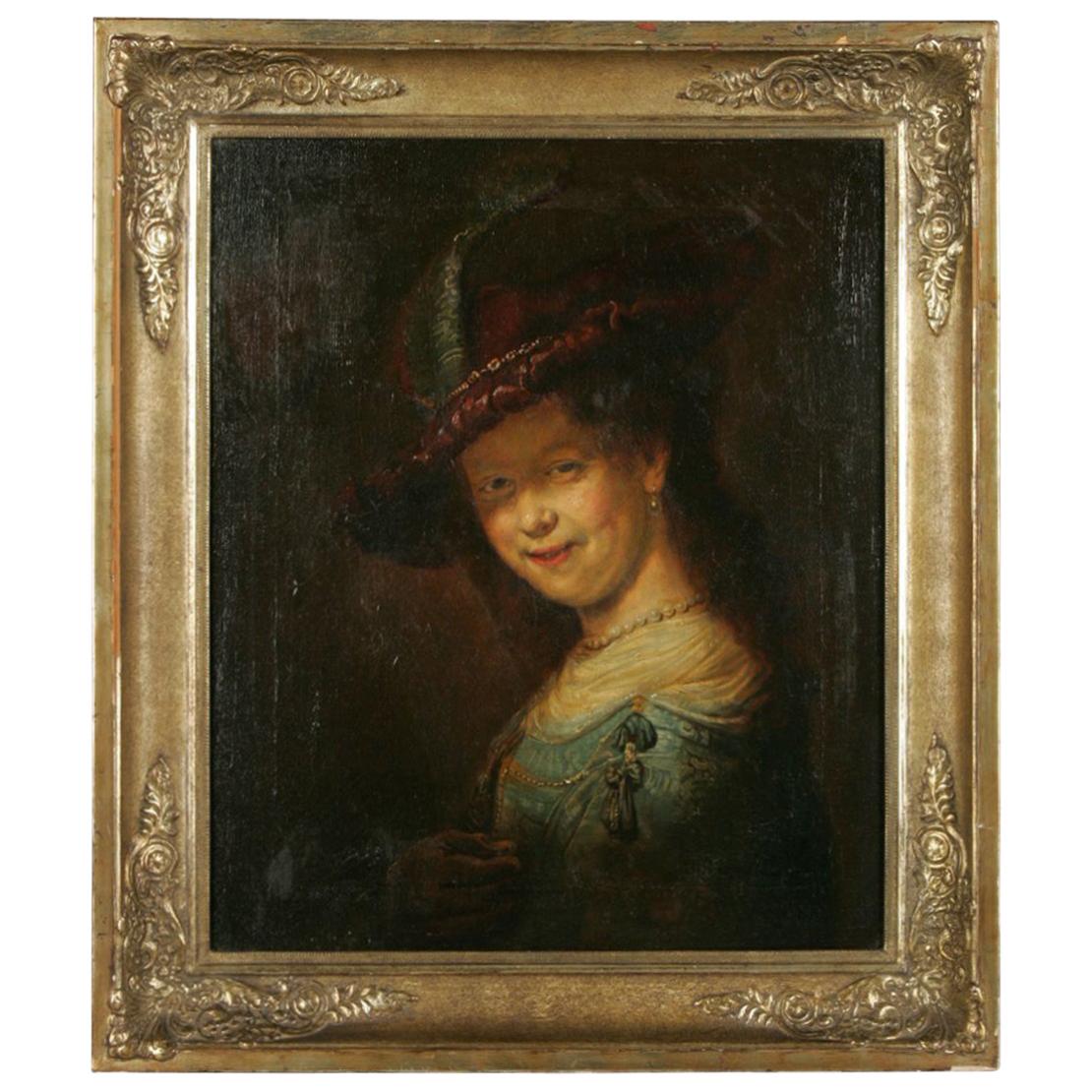 19th Century Barock Style Oil Painting Saskia Smiling with Feather Bar For Sale