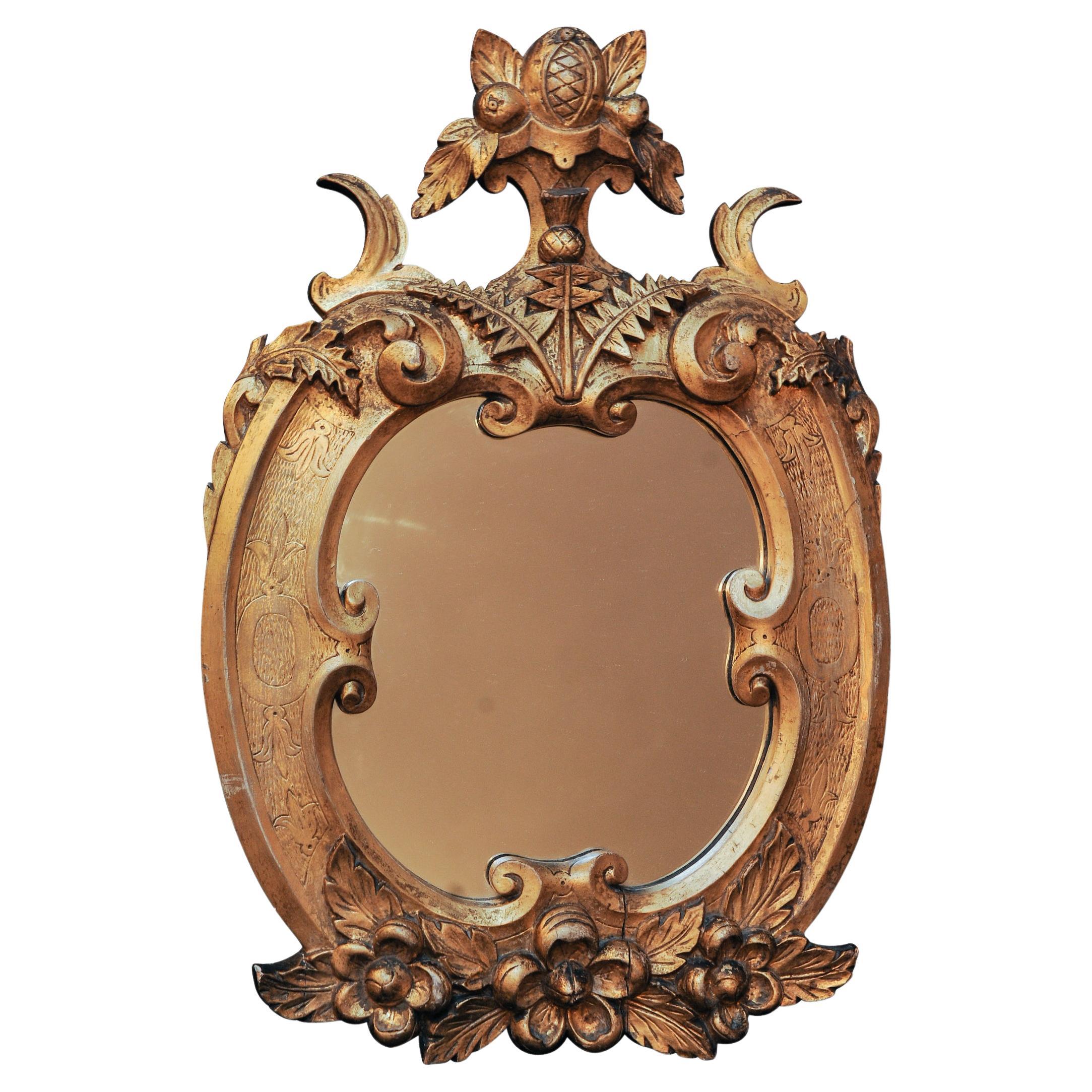 19th Century Baroque Carved Gilt Wood Wall Mirror Carved With Fruit Pediment 