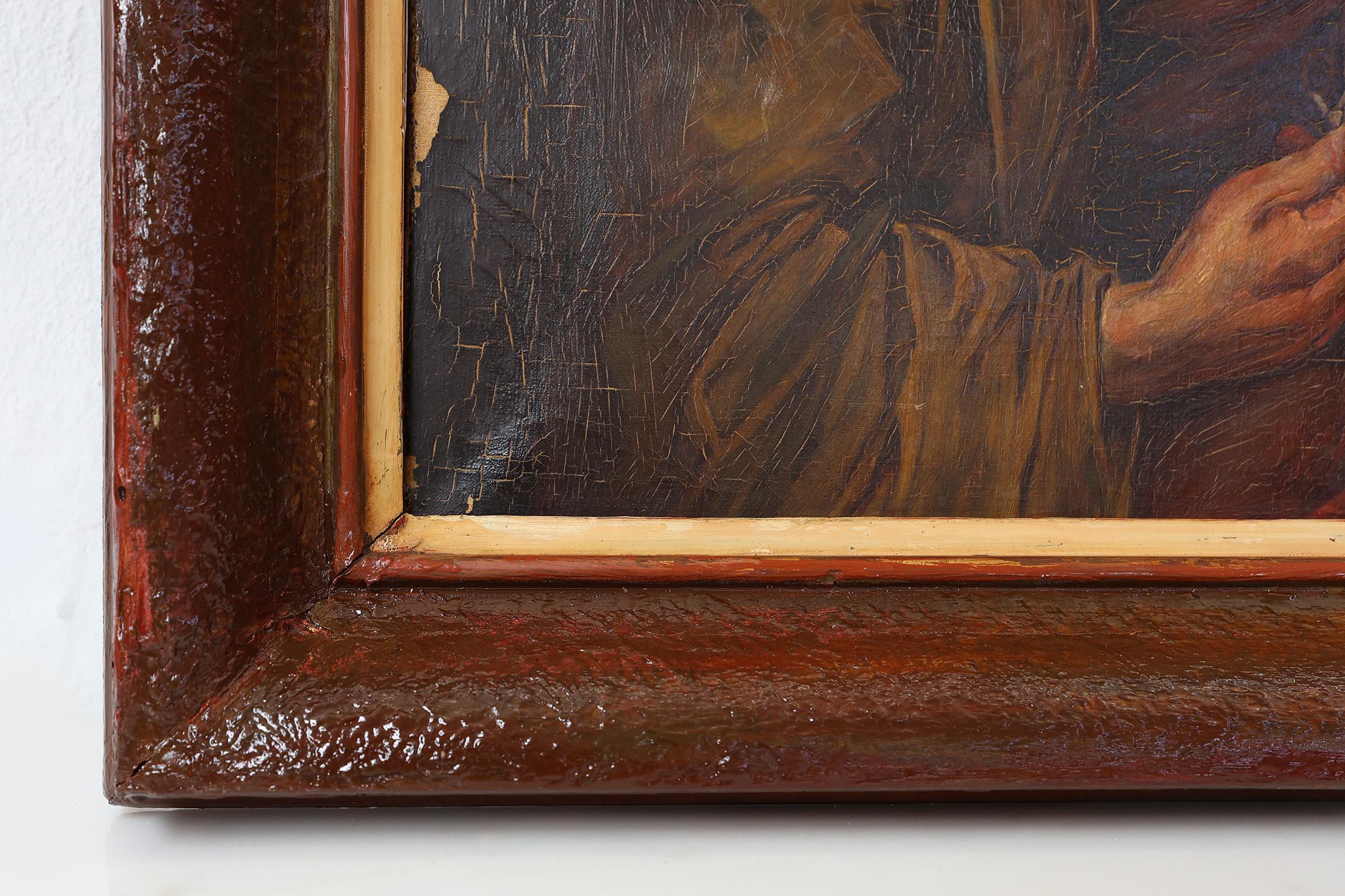 Canvas 19th Century Baroque Flemish oil painting in antique wooden frame For Sale