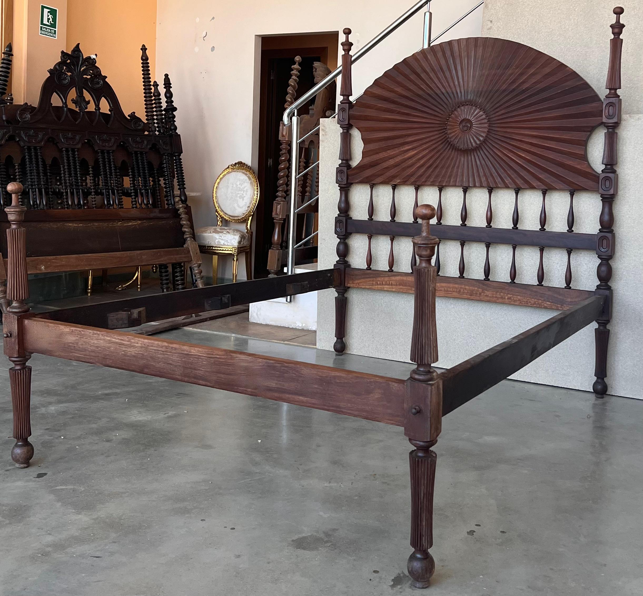 Walnut 19th Century, Baroque Full Bed, Original Four Fluted Poster Spanish Bed For Sale