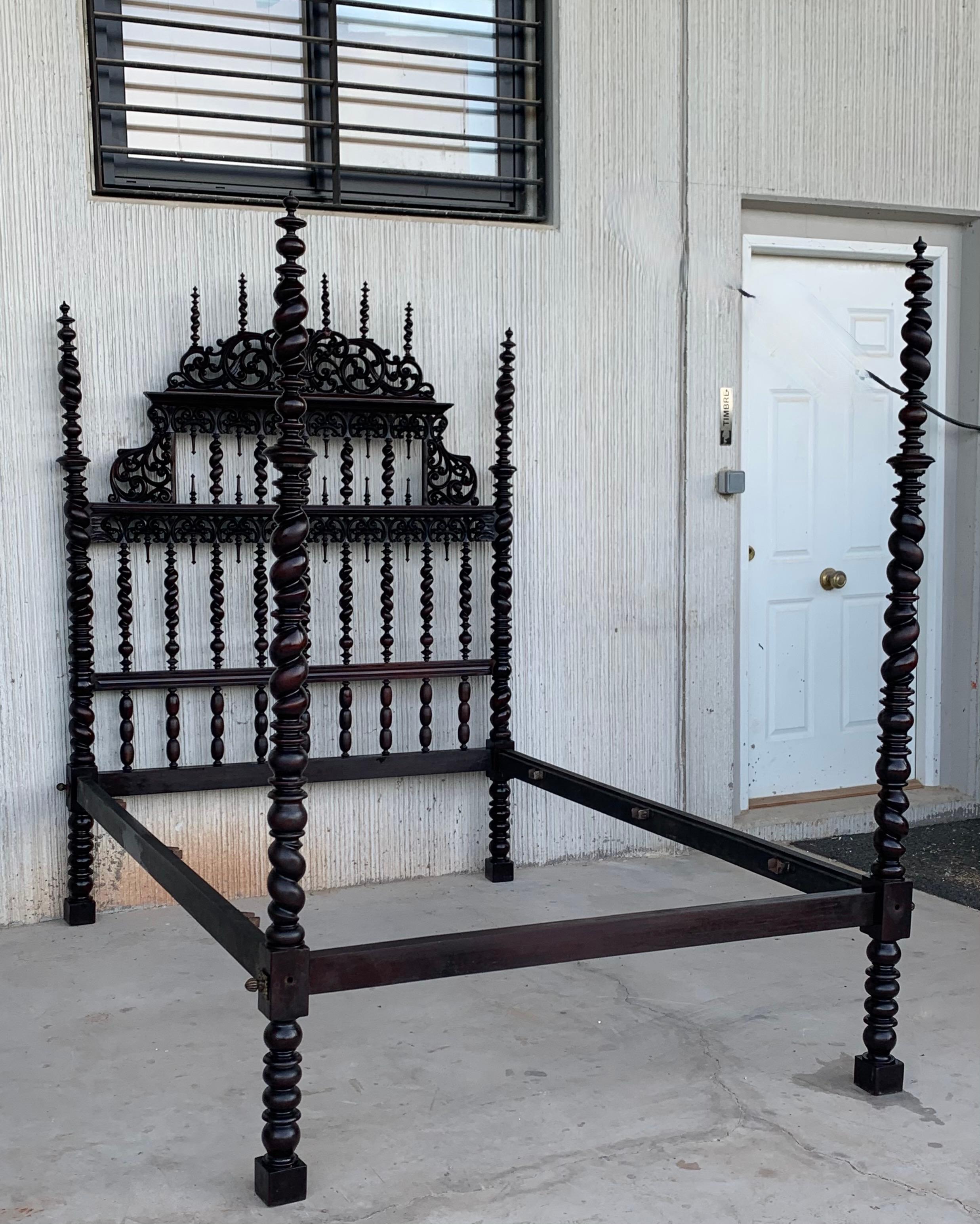 19th century Baroque bed, original Lisbon bed

This Queen size 4-poster bed is hand carved with elaborate details, spiral turned post, 3D open spiral twist spindles, and Moorish details represented by the repetition of arches. It is carved and