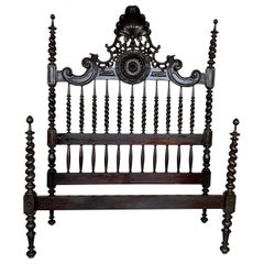 19th Century, Baroque Full Bed, Original Four Turned Poster Spanish Bed