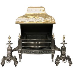 19th Century  Baroque Hooded Victorian Cast Iron and Brass Fire Grate Basket