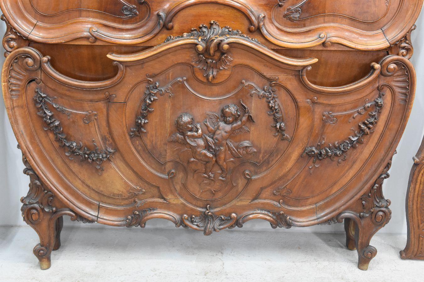 19th Century Baroque Louis XV Style Bed in Walnut Carved with Putti For Sale 10