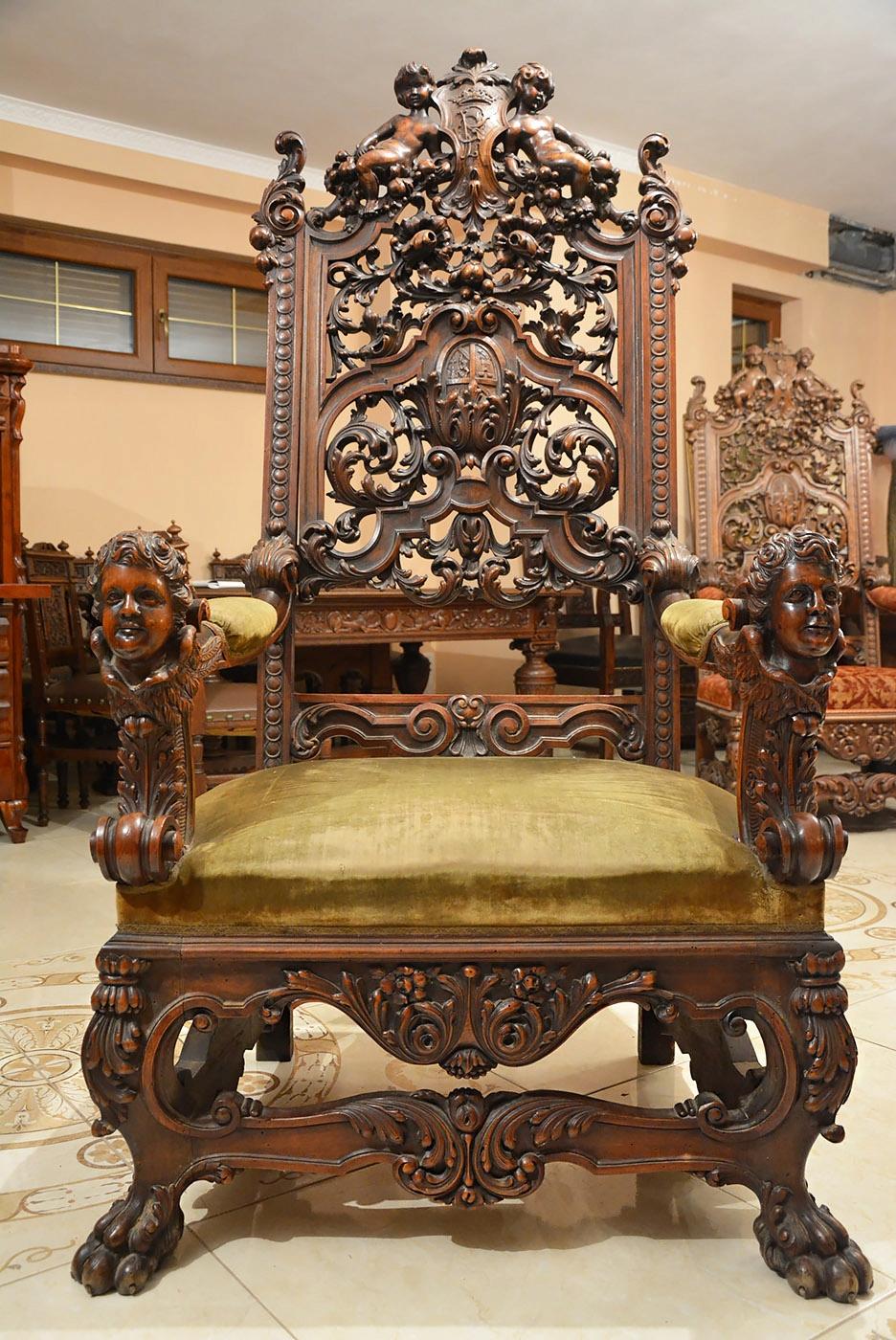19th Century Baroque Revival Carved Walnut Armchair, Set of Two 4